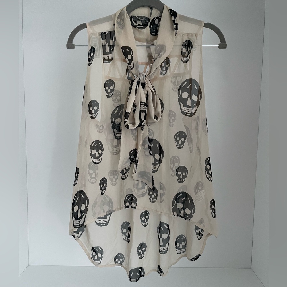 Skull Print Sleeveless Sheer Blouse - Black and Cream